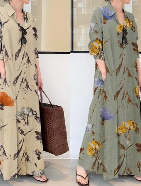 Discount Women's Green Apricot Summer Spring Maxi long Dress Cotton Linen Dresses Shirt Dress Casual Dress Modern Style Daily Weekend Loose Fit Floral Shirt Collar Women Dresses