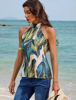 Outlet Women's Halter Crisscross Tank Leaf Leaves Boho Beach Sleeveless Halter Neck Casual Going out Beach Backless Bow Spring & Summer Women Tank Tops & Camis