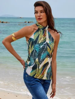 Outlet Women's Halter Crisscross Tank Leaf Leaves Boho Beach Sleeveless Halter Neck Casual Going out Beach Backless Bow Spring & Summer Women Tank Tops & Camis