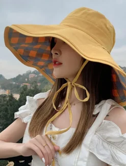 Discount Women's Hat Bucket Hat Sun Hat Portable Sun Protection Outdoor Street Weekend Pure Color Plaid Pure Color Women Hats