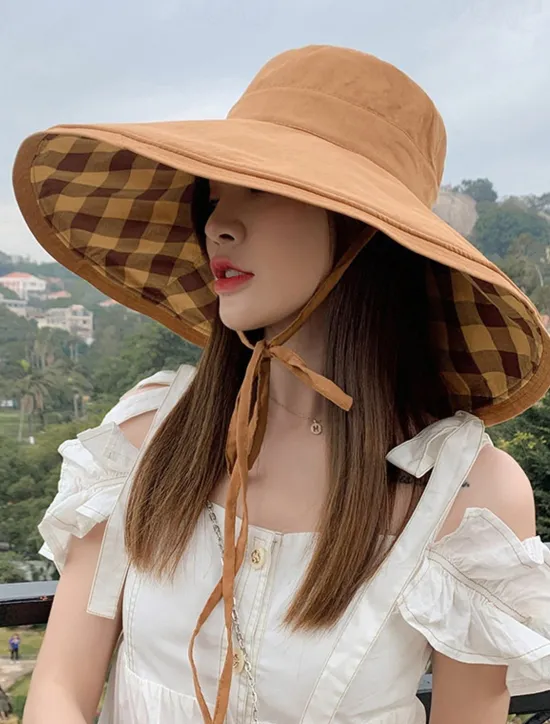 Discount Women's Hat Bucket Hat Sun Hat Portable Sun Protection Outdoor Street Weekend Pure Color Plaid Pure Color Women Hats