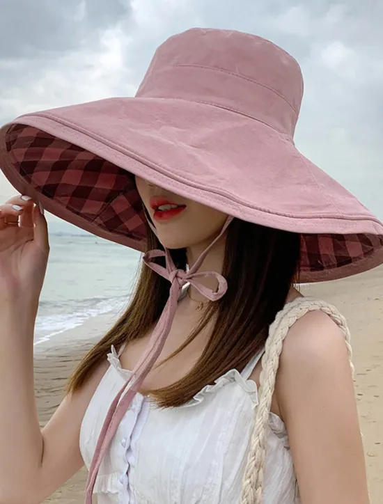 Discount Women's Hat Bucket Hat Sun Hat Portable Sun Protection Outdoor Street Weekend Pure Color Plaid Pure Color Women Hats