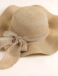 Outlet Women's Hat Sun Hat Portable Sun Protection Outdoor Holiday Beach Bow Pure Color Women Hats