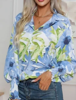 New Women's Hawaiian Shirts Blouse Daily Casual Floral Graphic Regular Tops Long Sleeve Lantern Sleeve Shirt Collar Buttons Loose Fit Daily Holiday Blue Rose Pink Summer Holiday Clothes Women Spring Tops
