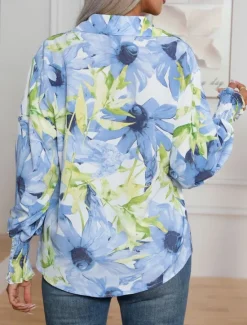New Women's Hawaiian Shirts Blouse Daily Casual Floral Graphic Regular Tops Long Sleeve Lantern Sleeve Shirt Collar Buttons Loose Fit Daily Holiday Blue Rose Pink Summer Holiday Clothes Women Spring Tops
