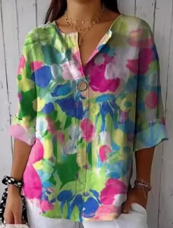 Discount Women's Hawaiian Shirts Casual Floral Regular Tops Long Sleeve V Neck Buttons Regular Fit Daily Pink Purple Green Summer Holiday Clothes Women Blouses & Shirts|Spring Tops