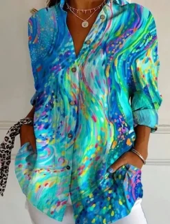 Hot Women's Hawaiian Shirts Flowy Tops Vintage Casual Graphic Geometric Long Tops Long Sleeve Shirt Collar Patchwork Buttons Print Form Fit Vacation Work Daily Summer Holiday Clothes Women Blouses & Shirts
