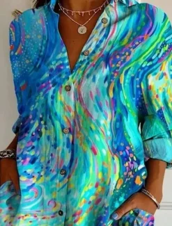 Hot Women's Hawaiian Shirts Flowy Tops Vintage Casual Graphic Geometric Long Tops Long Sleeve Shirt Collar Patchwork Buttons Print Form Fit Vacation Work Daily Summer Holiday Clothes Women Blouses & Shirts