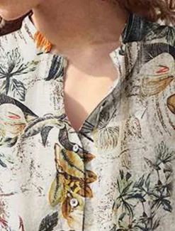 New Women's Hawaiian Shirts Vintage Tops Casual Floral Long Sleeve High Neck Blue Khaki Summer Holiday Clothes Beach Wear Women Spring Tops