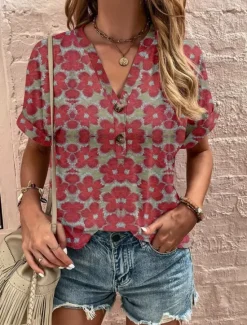 Hot Women's Henley Shirt Floral Fashion Short Sleeve V Neck Regular Tops Vacation Weekend Buttons Print Black Wine Red Navy Blue Blue Summer Women T-Shirts