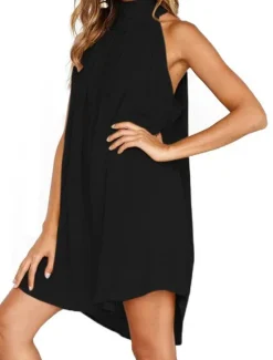 New Women's Holiday Dress Shift Dress Mini Dress Black White Yellow Sleeveless Pure Color Cold Shoulder Spring Summer Halter Stylish 2023 S M L XL 2XL Women Cocktail Dress