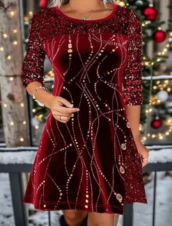 Best Women's Holiday Dress Three-Quarter Sleeve Sequin Embellished Fit-and-Flare Knee-Length Party Evening Gold Glittery Comfort Stretch Winter Apparel Women Cocktail Dress