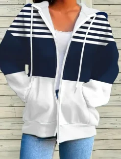 Outlet Women's Hooded Sweatshirt Jacket Long Sleeve Zip Up Hoodie With Pocket Lightweight Casual Micro-elastic Oversized Geometric Striped Active Vintage Sports Drawstring Front Pocket Spring Fall Women Hoodies & Sweatshirts