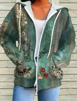 Hot Women's Hooded Sweatshirt Jacket Long Sleeve Zip Up Hoodie With Pocket Lightweight Casual Micro-elastic Oversized Floral Vintage Sports Streetwear Drawstring Front Pocket Blue Green Violet Fall Women Hoodies & Sweatshirts