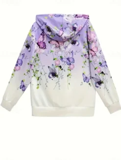 Hot Women's Hooded Sweatshirt Jacket Long Sleeve Zip Up Hoodie With Pocket Lightweight Casual Micro-elastic Oversized Floral Vintage Sports Streetwear Drawstring Front Pocket Blue Green Violet Fall Women Hoodies & Sweatshirts