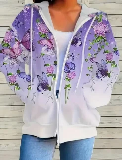 Hot Women's Hooded Sweatshirt Jacket Long Sleeve Zip Up Hoodie With Pocket Lightweight Casual Micro-elastic Oversized Floral Vintage Sports Streetwear Drawstring Front Pocket Blue Green Violet Fall Women Hoodies & Sweatshirts