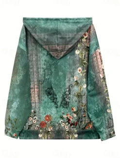 Hot Women's Hooded Sweatshirt Jacket Long Sleeve Zip Up Hoodie With Pocket Lightweight Casual Micro-elastic Oversized Floral Vintage Sports Streetwear Drawstring Front Pocket Blue Green Violet Fall Women Hoodies & Sweatshirts