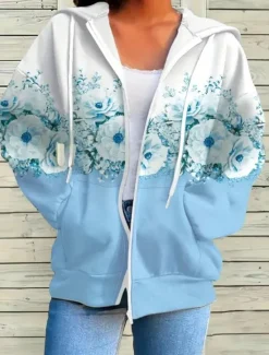 Outlet Women's Hooded Sweatshirt Jacket Long Sleeve Zip Up Hoodie With Pocket Lightweight Casual Micro-elastic Oversized Floral Active Vintage Sports Drawstring Front Pocket Pink Blue Fuchsia Green Fall Women Hoodies & Sweatshirts