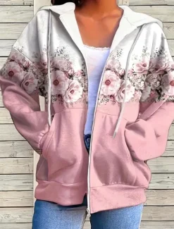 Outlet Women's Hooded Sweatshirt Jacket Long Sleeve Zip Up Hoodie With Pocket Lightweight Casual Micro-elastic Oversized Floral Active Vintage Sports Drawstring Front Pocket Pink Blue Fuchsia Green Fall Women Hoodies & Sweatshirts