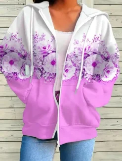 Outlet Women's Hooded Sweatshirt Jacket Long Sleeve Zip Up Hoodie With Pocket Lightweight Casual Micro-elastic Oversized Floral Active Vintage Sports Drawstring Front Pocket Pink Blue Fuchsia Green Fall Women Hoodies & Sweatshirts
