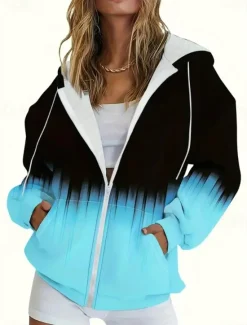 Outlet Women's Hooded Sweatshirt Jacket Long Sleeve Zip Up Hoodie With Pocket Lightweight Casual Oversized Geometric Vintage Sports Streetwear Drawstring Front Pocket Black Red Blue Fuchsia Fall Women Hoodies & Sweatshirts