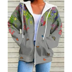 Hot Women's Hoodie Jacket Breathable Comfortable Pocket Drawstring Print Sports Daily Casual Floral Outdoor Street Sport Zipper Regular Hoodie Regular Fit Long Sleeve Outerwear White Yellow Pink Fall Women Hoodies & Sweatshirts