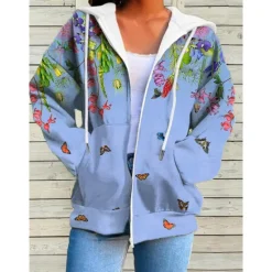 Hot Women's Hoodie Jacket Breathable Comfortable Pocket Drawstring Print Sports Daily Casual Floral Outdoor Street Sport Zipper Regular Hoodie Regular Fit Long Sleeve Outerwear White Yellow Pink Fall Women Hoodies & Sweatshirts