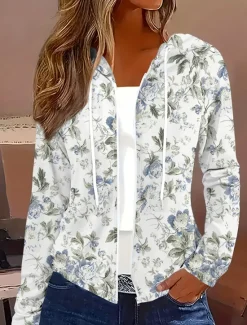 Sale Women's Hoodie Jacket Comfortable Zipper Vintage Sports Fashion Floral School Vacation Home Casual Short Hooded Regular Fit Long Sleeve Outerwear White Red Blue Spring Fall Women Jackets