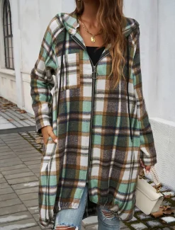 Discount Women's Hoodie Jacket Outdoor Street Daily Wear Fall Winter Long Coat Regular Fit Thermal Warm Breathable Stylish Casual Jacket Long Sleeve Stripes and Plaid with Pockets Full Zip Red Brown Green Women Jackets|Coats & Trench Coats