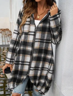 Discount Women's Hoodie Jacket Outdoor Street Daily Wear Fall Winter Long Coat Regular Fit Thermal Warm Breathable Stylish Casual Jacket Long Sleeve Stripes and Plaid with Pockets Full Zip Red Brown Green Women Jackets|Coats & Trench Coats