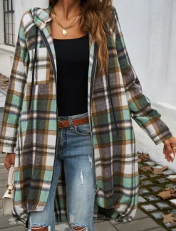 Discount Women's Hoodie Jacket Outdoor Street Daily Wear Fall Winter Long Coat Regular Fit Thermal Warm Breathable Stylish Casual Jacket Long Sleeve Stripes and Plaid with Pockets Full Zip Red Brown Green Women Jackets|Coats & Trench Coats