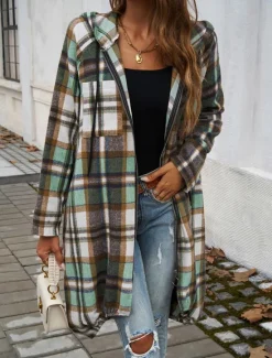 Discount Women's Hoodie Jacket Outdoor Street Daily Wear Fall Winter Long Coat Regular Fit Thermal Warm Breathable Stylish Casual Jacket Long Sleeve Stripes and Plaid with Pockets Full Zip Red Brown Green Women Jackets|Coats & Trench Coats