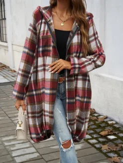 Discount Women's Hoodie Jacket Outdoor Street Daily Wear Fall Winter Long Coat Regular Fit Thermal Warm Breathable Stylish Casual Jacket Long Sleeve Stripes and Plaid with Pockets Full Zip Red Brown Green Women Jackets|Coats & Trench Coats