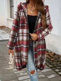 Discount Women's Hoodie Jacket Outdoor Street Daily Wear Fall Winter Long Coat Regular Fit Thermal Warm Breathable Stylish Casual Jacket Long Sleeve Stripes and Plaid with Pockets Full Zip Red Brown Green Women Jackets|Coats & Trench Coats