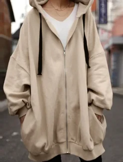 New Women's Hoodie Jacket Outdoor Street Daily Wear Fall Winter Long Coat Regular Fit Thermal Warm Breathable Stylish Casual Jacket Long Sleeve Plain with Pockets Full Zip Black Red Apricot Women Jackets