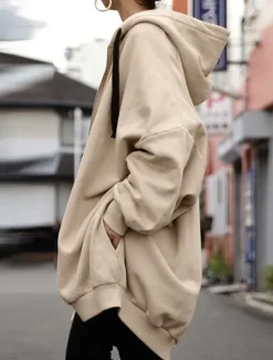 New Women's Hoodie Jacket Outdoor Street Daily Wear Fall Winter Long Coat Regular Fit Thermal Warm Breathable Stylish Casual Jacket Long Sleeve Plain with Pockets Full Zip Black Red Apricot Women Jackets