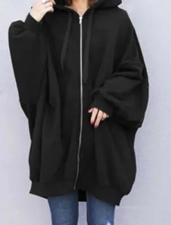 New Women's Hoodie Jacket Outdoor Street Daily Wear Fall Winter Long Coat Regular Fit Thermal Warm Breathable Stylish Casual Jacket Long Sleeve Plain with Pockets Full Zip Black Red Apricot Women Jackets