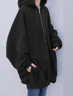 New Women's Hoodie Jacket Outdoor Street Daily Wear Fall Winter Long Coat Regular Fit Thermal Warm Breathable Stylish Casual Jacket Long Sleeve Plain with Pockets Full Zip Black Red Apricot Women Jackets