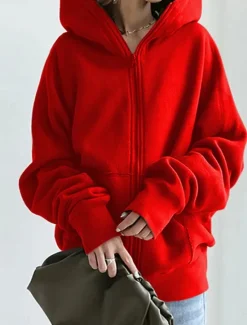 Sale Women's Hoodie Jacket Outdoor Street Daily Wear Fall Winter Regular Coat Regular Fit Thermal Warm Breathable Stylish Casual Jacket Long Sleeve Plain with Pockets Full Zip Black Red Green Women Jackets