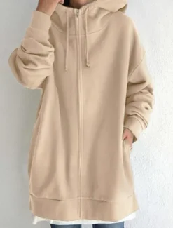 New Women's Hoodie Jacket Warm Breathable Zipper Pocket Casual Plain Vacation Street Daily Wear Going out Zipper Long Hoodie Regular Fit Long Sleeve Outerwear Black Red Khaki Fall Winter Women Jackets