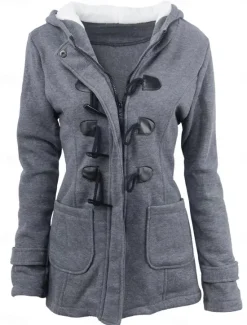 New Women's Hoodie Jacket Warm Breathable Pocket Casual Street Style Solid Color Vacation Street Daily Wear Going out Single Breasted Hoodie Regular Fit Long Sleeve Outerwear Black Light Grey Dark Grey Women Jackets|Coats & Trench Coats