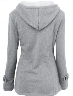 New Women's Hoodie Jacket Warm Breathable Pocket Casual Street Style Solid Color Vacation Street Daily Wear Going out Single Breasted Hoodie Regular Fit Long Sleeve Outerwear Black Light Grey Dark Grey Women Jackets|Coats & Trench Coats