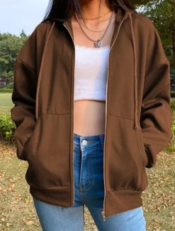 Best Women's Hoodie Jacket Windproof Warm Patchwork Pocket Outdoor Casual Solid Color Outdoor Street Regular Hoodie Regular Fit Long Sleeve Outerwear Brown Green Gray Fall Winter Women Jackets