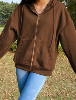 Best Women's Hoodie Jacket Windproof Warm Patchwork Pocket Outdoor Casual Solid Color Outdoor Street Regular Hoodie Regular Fit Long Sleeve Outerwear Brown Green Gray Fall Winter Women Jackets