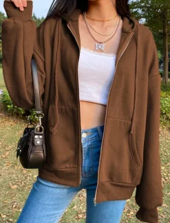 Best Women's Hoodie Jacket Windproof Warm Patchwork Pocket Outdoor Casual Solid Color Outdoor Street Regular Hoodie Regular Fit Long Sleeve Outerwear Brown Green Gray Fall Winter Women Jackets