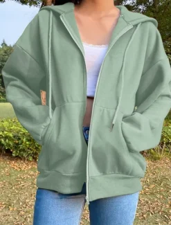 Best Women's Hoodie Jacket Windproof Warm Patchwork Pocket Outdoor Casual Solid Color Outdoor Street Regular Hoodie Regular Fit Long Sleeve Outerwear Brown Green Gray Fall Winter Women Jackets