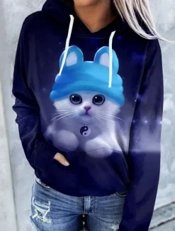 Discount Women's Hoodie Pullover Cat Graphic Tie Dye Front Pocket Print Daily Other Prints Basic Casual Hoodies Sweatshirts Blue Black Brown Comfrt Breathable Soft Fabric Women Hoodies & Sweatshirts