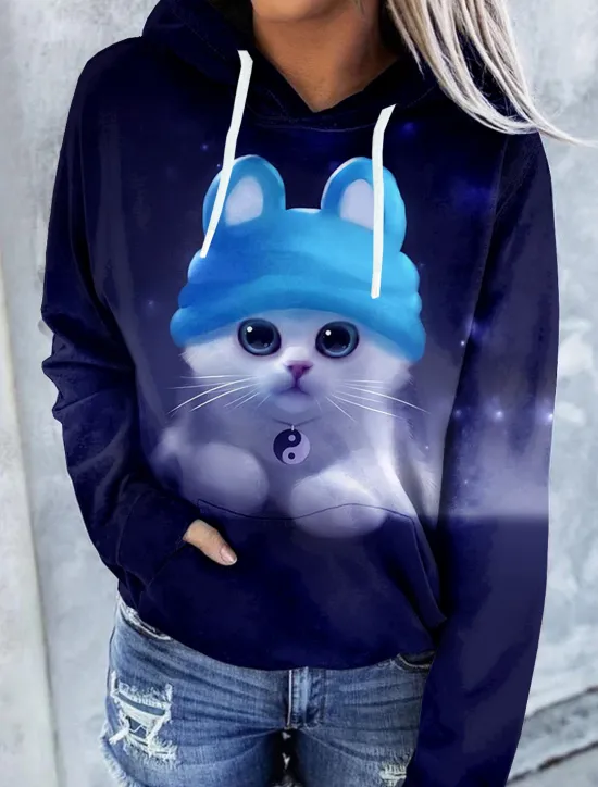 Discount Women's Hoodie Pullover Cat Graphic Tie Dye Front Pocket Print Daily Other Prints Basic Casual Hoodies Sweatshirts Blue Black Brown Comfrt Breathable Soft Fabric Women Hoodies & Sweatshirts