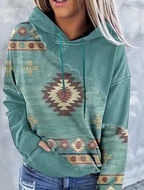 Outlet Women's Hoodie Sweatshirt Pullover Geometric Vintage Ethnic Street Casual Front Pocket Vintage Ethnic Neon & Bright Hoodie Long Sleeve Top Micro-elastic Fall & Winter Comfrt Breathable Soft Fabric Women Hoodies & Sweatshirts