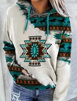 Outlet Women's Hoodie Sweatshirt Pullover Geometric Vintage Ethnic Street Casual Front Pocket Vintage Ethnic Neon & Bright Hoodie Long Sleeve Top Micro-elastic Fall & Winter Comfrt Breathable Soft Fabric Women Hoodies & Sweatshirts
